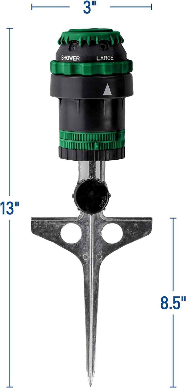 Orbit H2O-Six Gear-Drive Sprinkler - Customizable Lawn Watering Coverage | Durable Metal T-Spike, Multi-Pattern Rotating Head