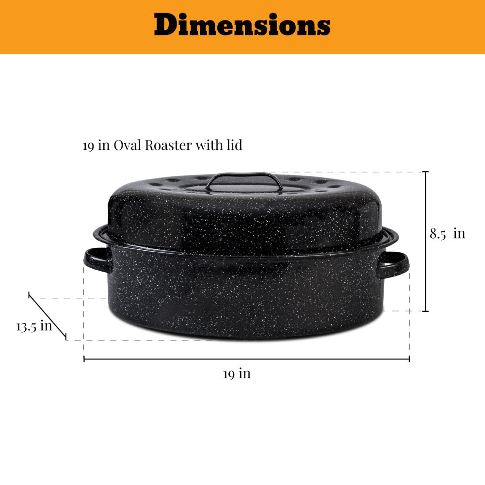 Granite Ware 19 in Oval Roaster Set (10pcs), includes Lid, Rack, 2 pack brining bags, oven/grill-safe meat Thermometer, Turkey Baster with silicone bulb, and a small brush.
