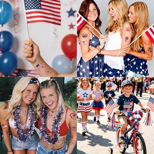 DUSCAU Patriotic Temporary Tattoos 152pcs - Red, White and Blue 4th of July Party Supplies