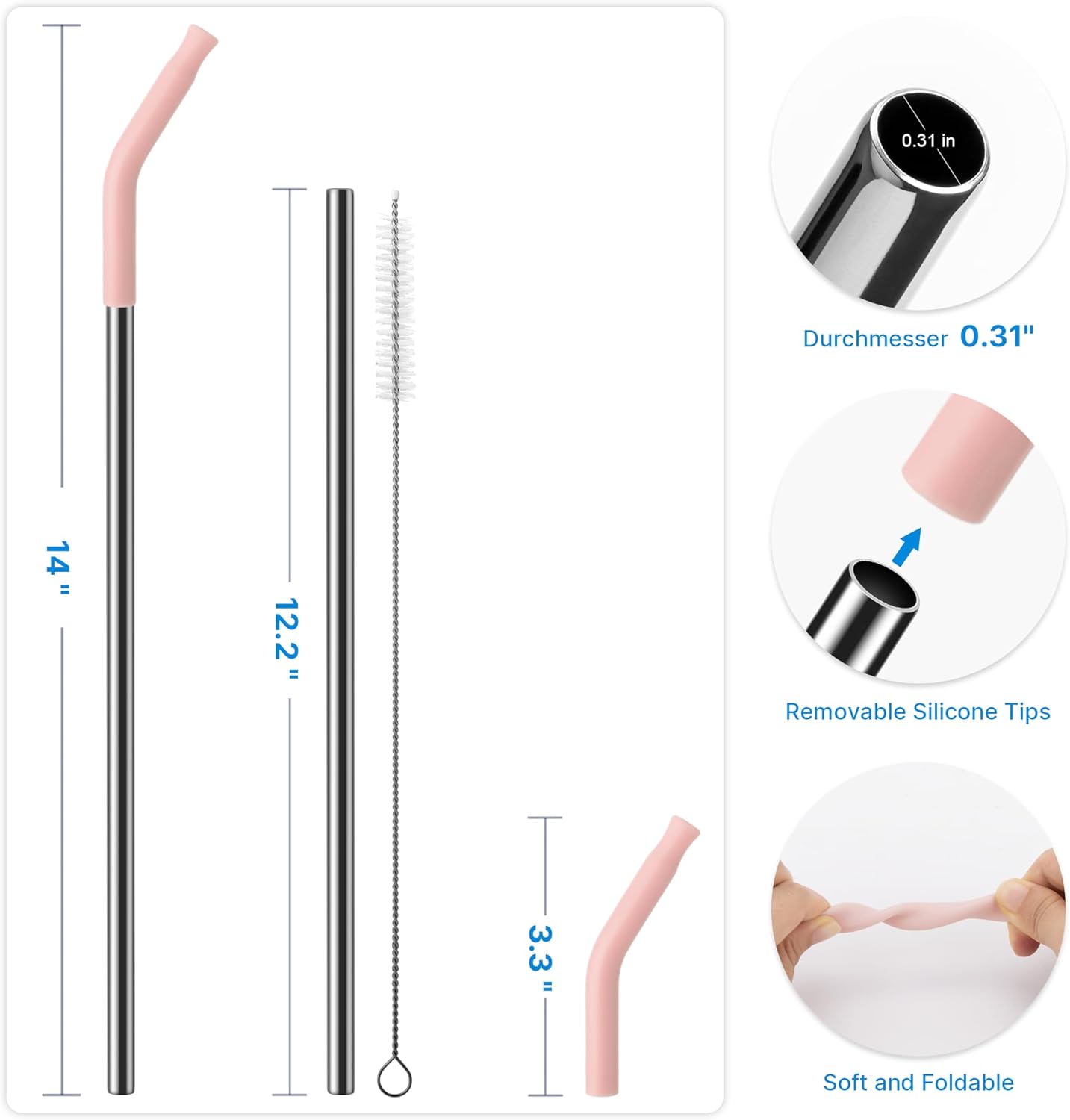 Skiennix Metal Straw Set - Silicone Tip for 40oz Stanley Cup | 2 Stainless Steel Straws + Brush (Light Pink)