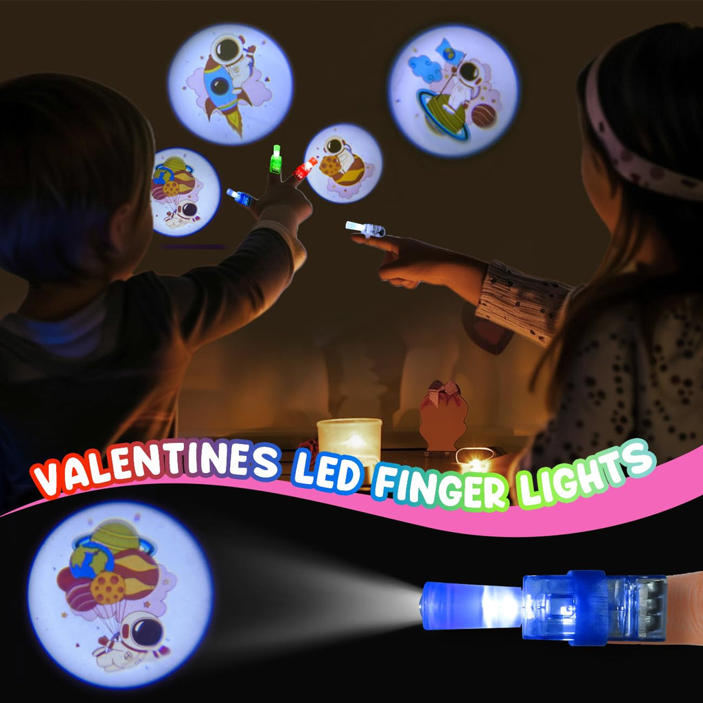 MOVINPE Valentines Day Exchange Gifts for Kids Classroom, 28 Packs Finger Lights with Valentines Cards - Light Up Finger Flashlights Valentine Day Gifts School Party Favors Class Prizes Bulk Space