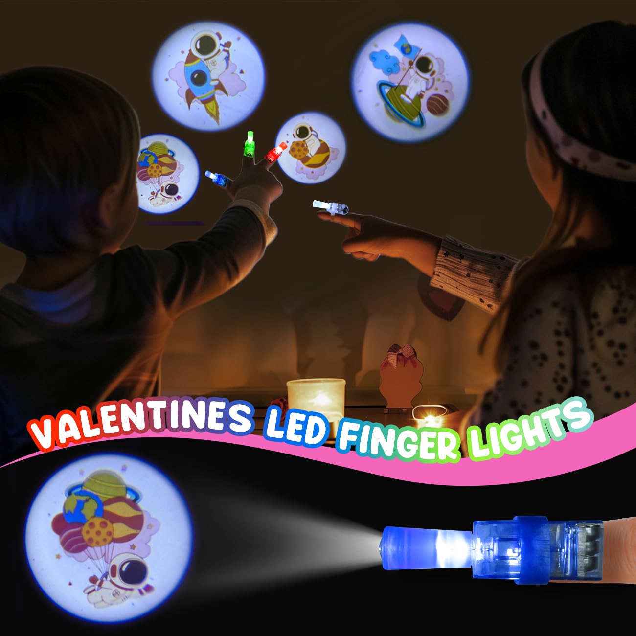 MOVINPE Valentines Day Exchange Gifts for Kids Classroom, 28 Packs Finger Lights with Valentines Cards - Light Up Finger Flashlights Valentine Day Gifts School Party Favors Class Prizes Bulk Space