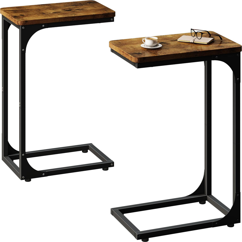 QEEIG Narrow C Shaped Side Table Set of 2 Living Room Sets Slim Couch Tray Tables Skinny Thin Small Farmhouse 9.5 inch Width, Rustic Brown (017-24BN)