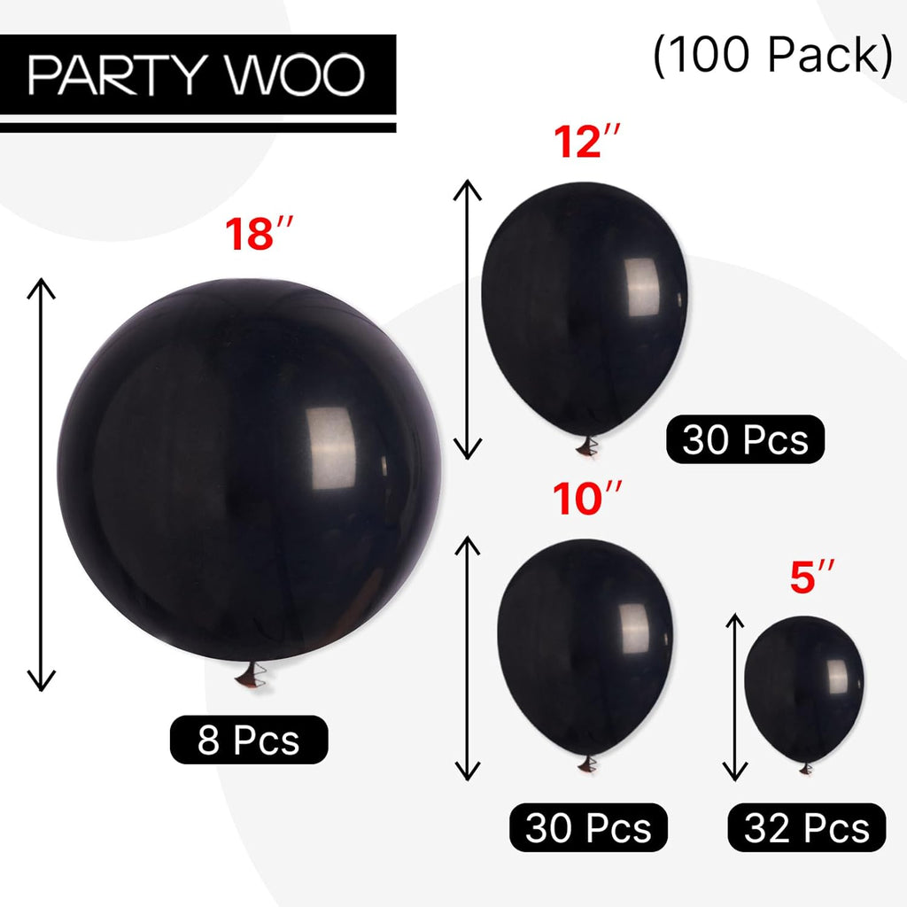 PartyWoo Black Balloons - 100 Pcs Assorted Sizes for Baby Showers, Birthdays & Anniversaries | Black Arch Kit