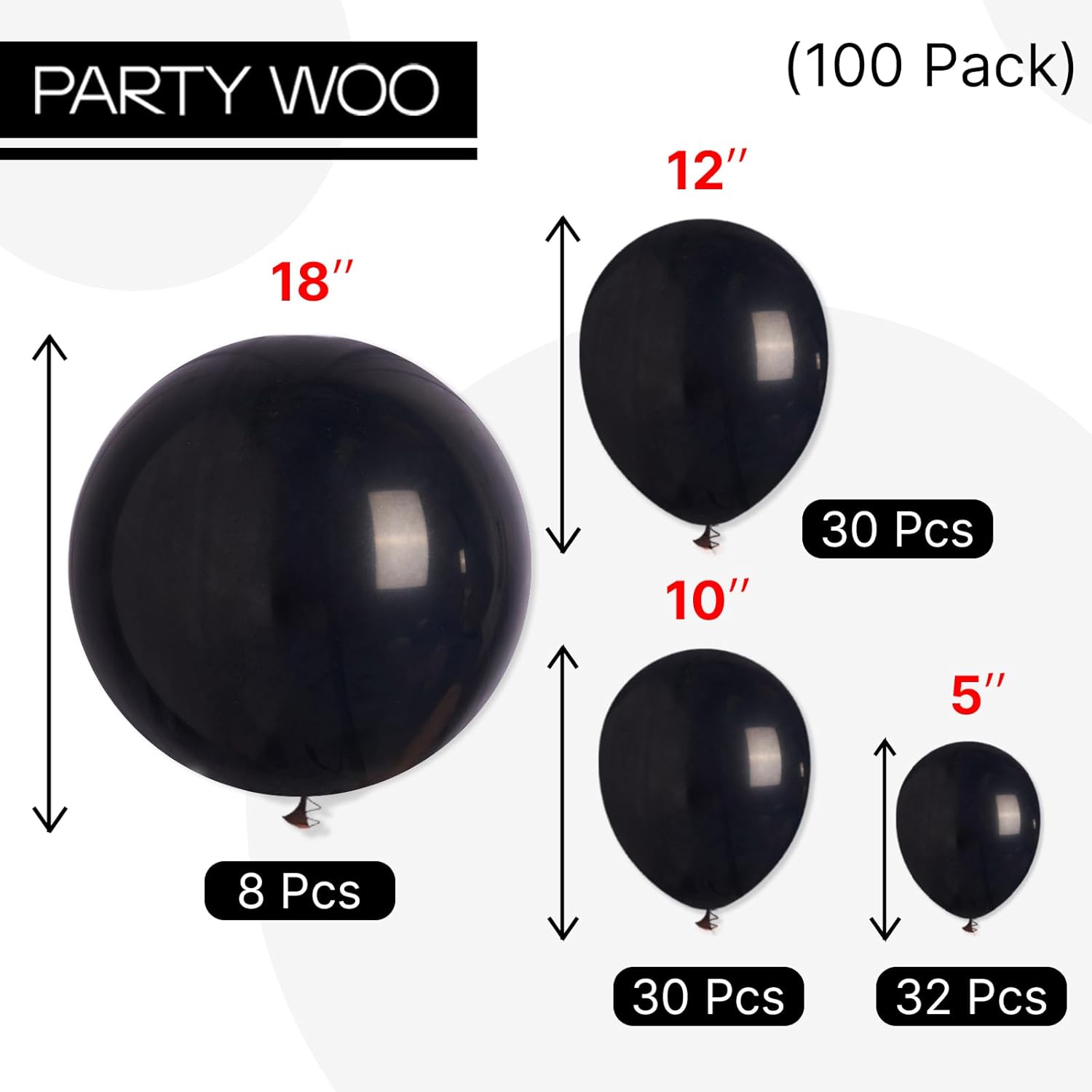 PartyWoo Black Balloons - 100 Pcs Assorted Sizes for Baby Showers, Birthdays & Anniversaries | Black Arch Kit