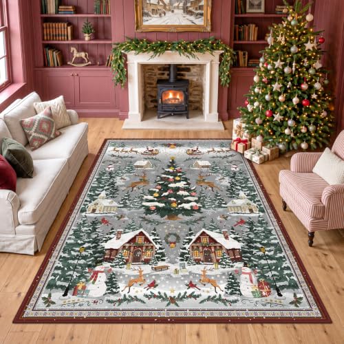 Grey Christmas Area Rug 5x7 ft Non-Slip Village Scene Living Room Decor