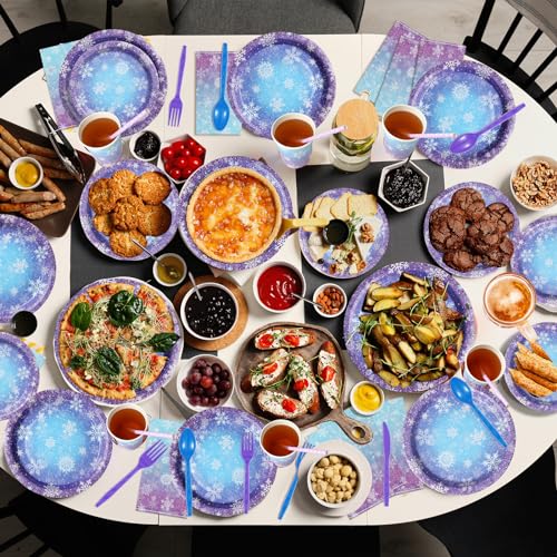 Winter Snowflake Paper Plates and Napkins Set - Blue and Purple, Serve 50