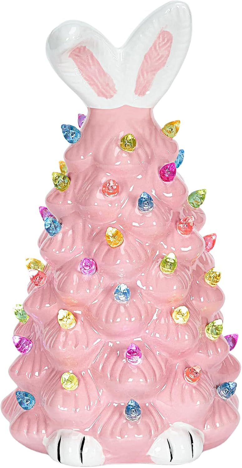 Skiennix Cute Ceramic Easter Bunny Tree Decor - Light Up Spring Tabletop Decoration for Kids (Pink)