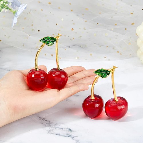DICOSMETIC Glass Cherry Figurines - 2Pcs Red Crystal Fruit Ornaments for Home & Office Decor