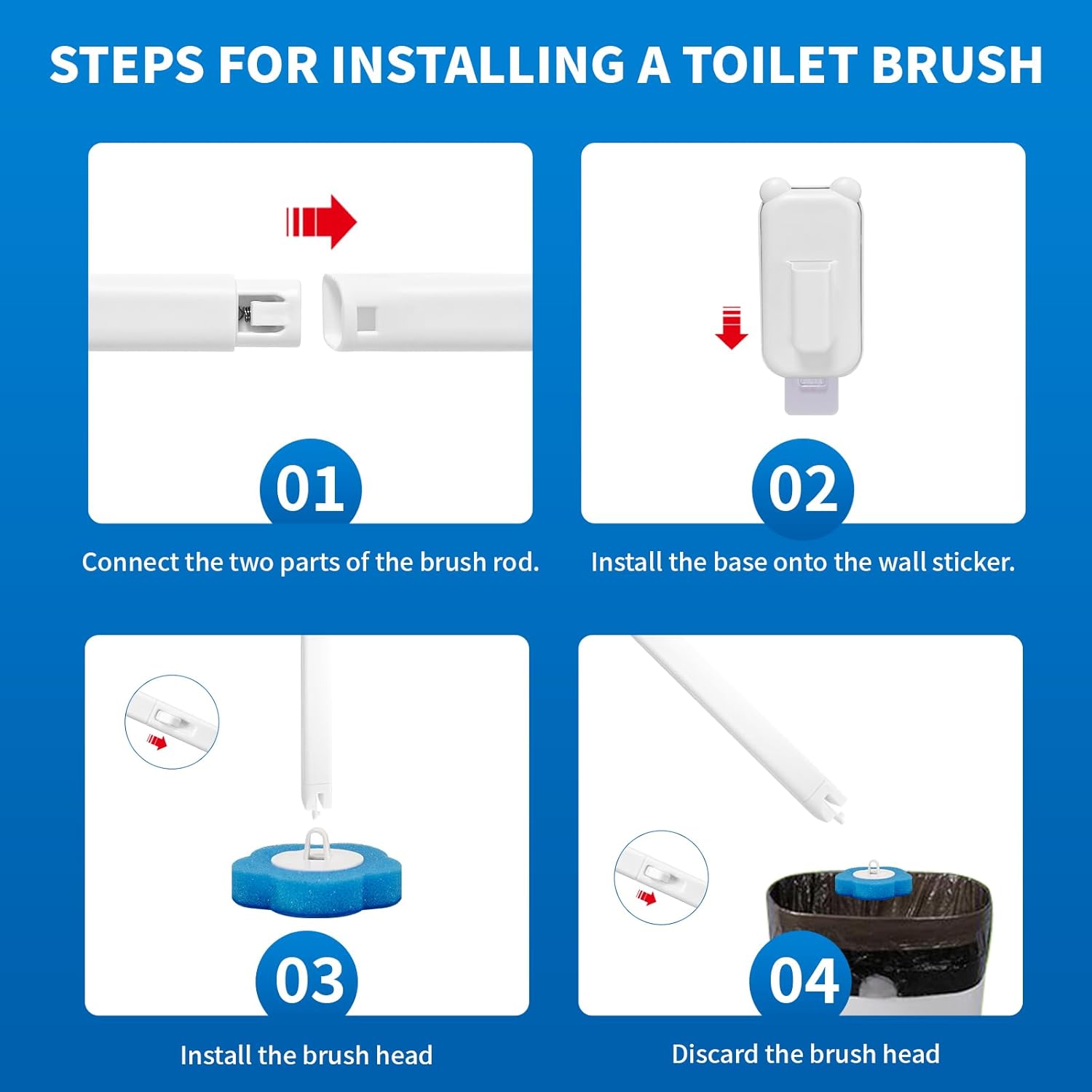 Skiennix Disposable Toilet Brush - 48 Refills Included | Wall-Mounted Holder for Deep Cleaning (White)