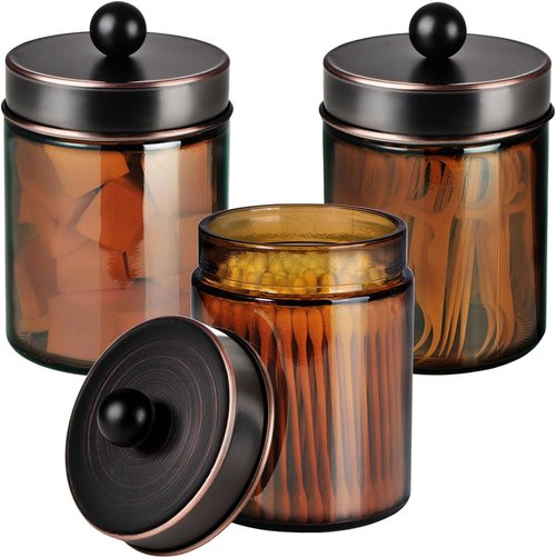 Amber Glass Qtip Holder - Apothecary Jar Set with ORB Metal Lid | Bathroom Organizer for Cotton Swabs (3 Pack)