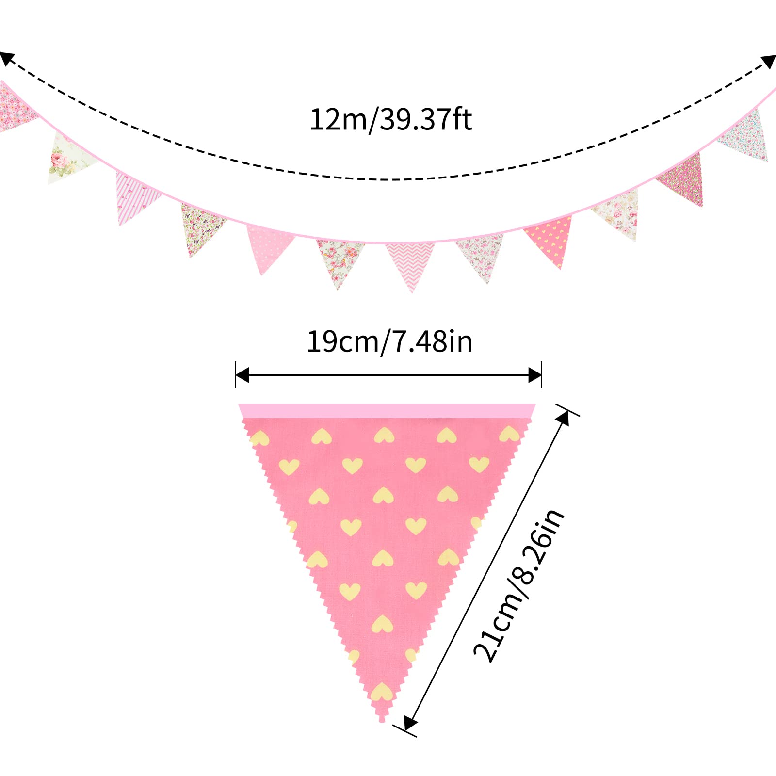 G2PLUS 39Ft Triangle Bunting Banner, 42Pcs Pink Floral Garland Pennant Banner, Reusable Cotton Triangle Flags Party Decoration for Birthday, Wedding, Garden Tea Party, Baby Shower, Room Decor