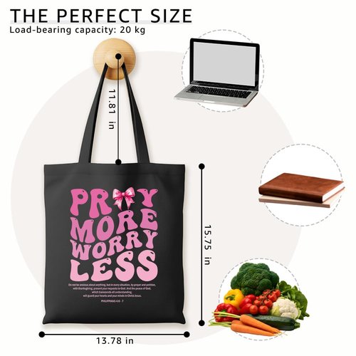 WHTYEFZ Pray More Worry Less Women Canvas Tote Bag, Christian Bible Verse Tote for Women, Mental Health Awareness Gifts, Inspirational Religious Gifts ChristianMom Sister Daughter Niece BFF