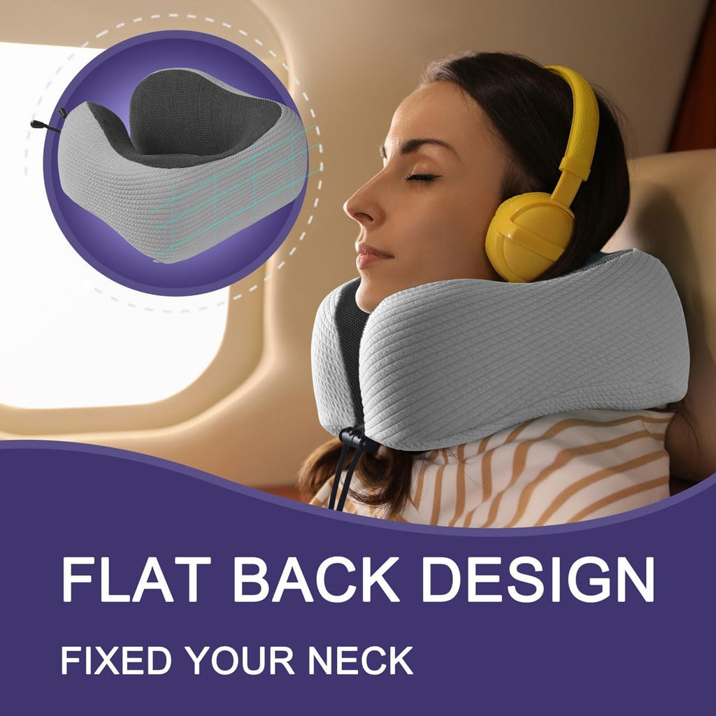 Napfun Neck Pillow - Memory Foam Travel Pillow with Pouch, Sleep Mask & Earplugs | Light Gray Striped Set