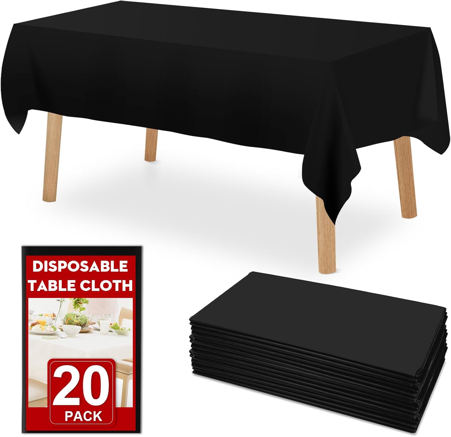 RowinsyDD Disposable Black Plastic Table Cloths - 20 Pack, 54 x 108 Inches for Parties, Weddings & BBQs