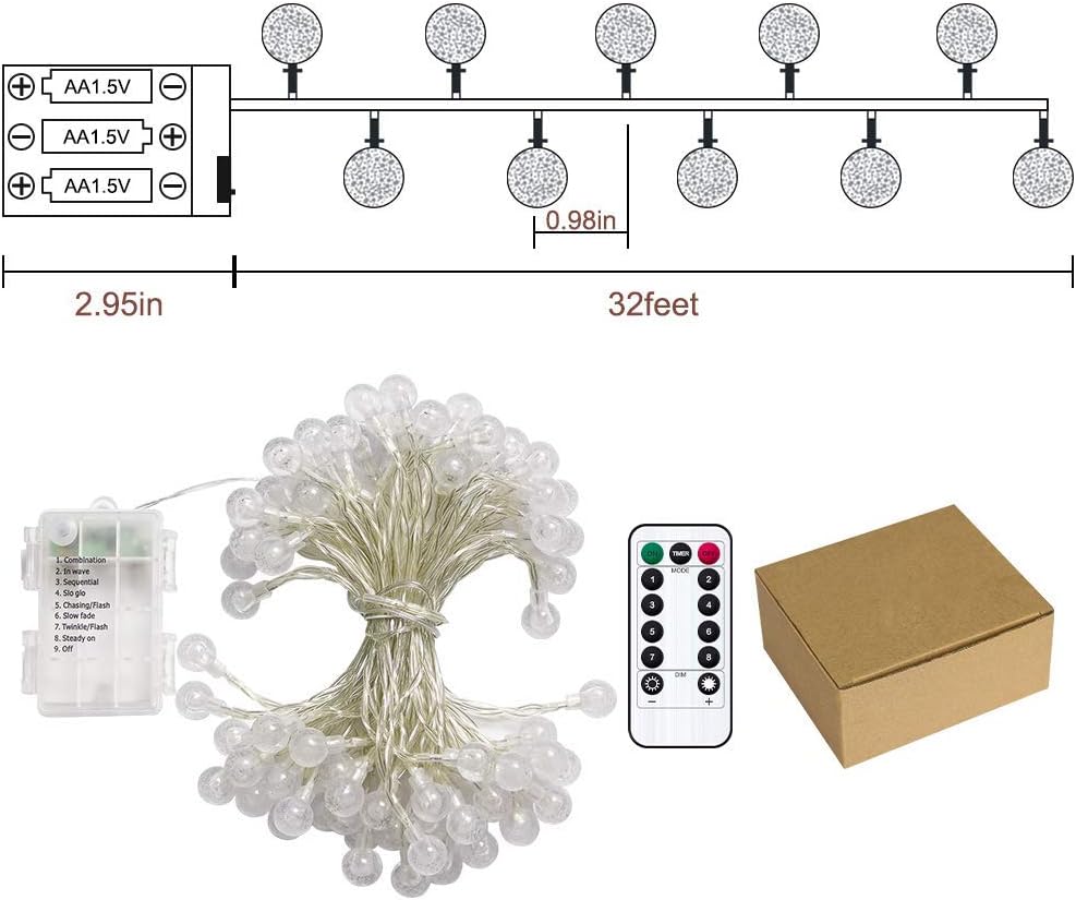 Metaku Globe Fairy Lights - 33ft Battery Operated 80LED String Lights | Waterproof for Indoor & Outdoor Decor