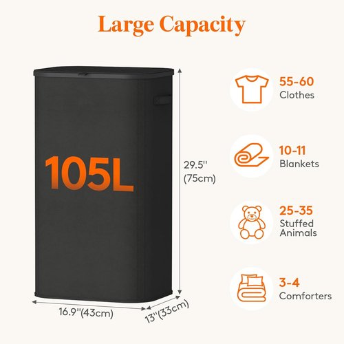 Lifewit Large 105L Laundry Basket - Foldable Hamper with Lid & Removable Bag | Black