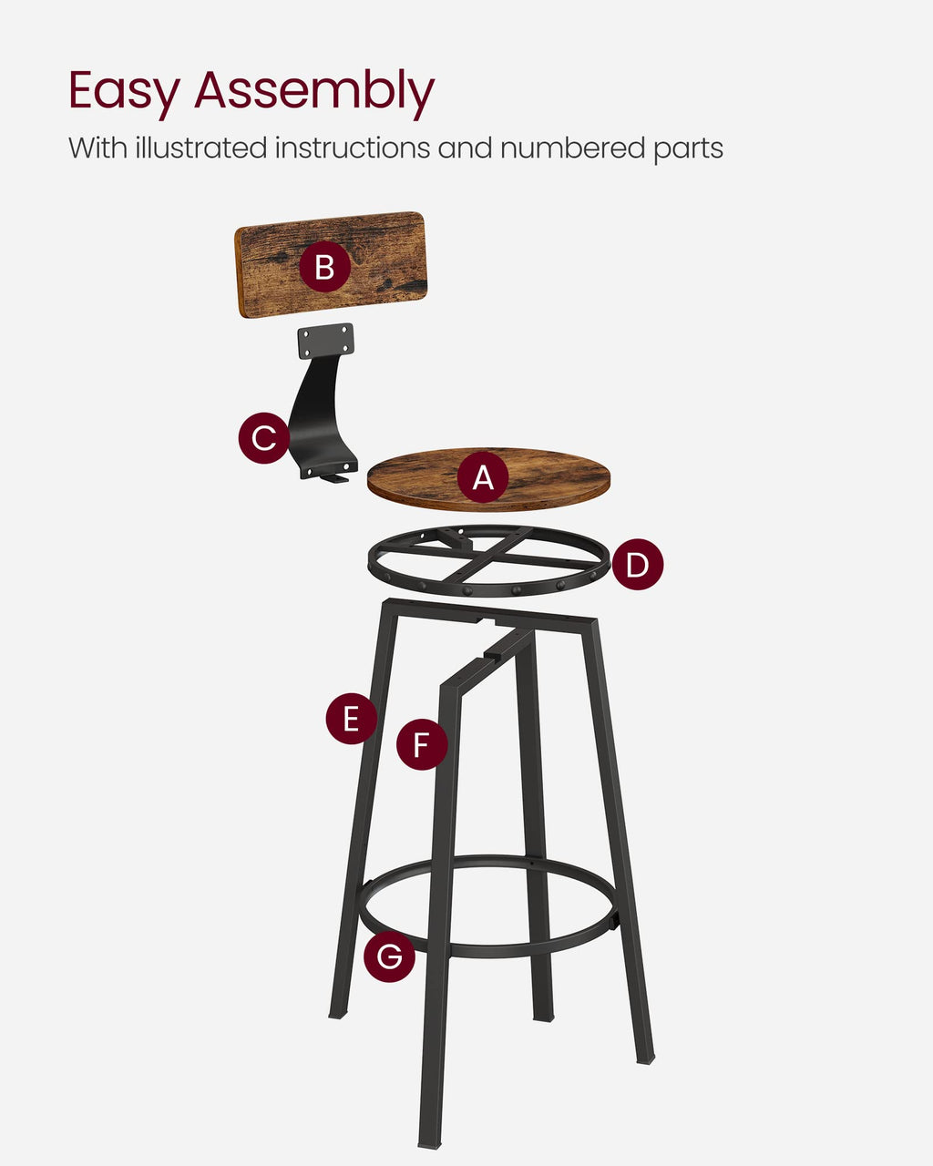 VASAGLE Bar Stools Set of 2, Bar Height Stools, 28.9 Inches Counter Barstools Chairs with Back for Dining Kitchen Island, Steel Frame, Industrial Style, Easy Assembly, Rustic Brown and Ink Black