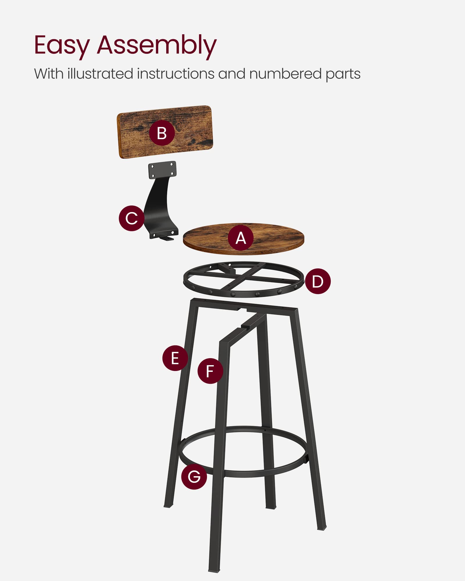 VASAGLE Bar Stools Set of 2, Bar Height Stools, 28.9 Inches Counter Barstools Chairs with Back for Dining Kitchen Island, Steel Frame, Industrial Style, Easy Assembly, Rustic Brown and Ink Black