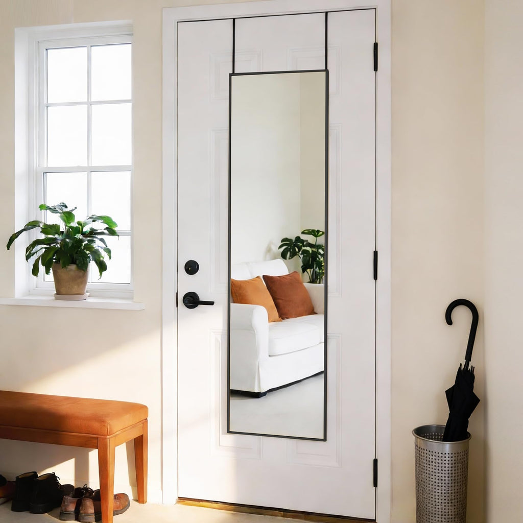 DUMOS 47x14 Full Length Mirror Over the Door, Wall Mounted Full Body Mirror, Door Hanging Metal Aluminum Alloy Frame Dressing Mirrors for Bedroom, Living Room, Entryway, Black
