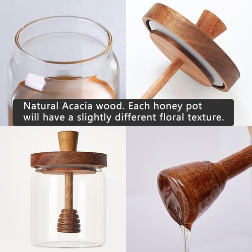 hiwafifi Glass Honey Jar with Dipper and Lid, 14 OZ Airtight Honeypot with Acacia Wood Lid, Coffee Syrup Dispenser, Round Honey Storage Container, Kitchen Dining Gifts for Her Bar Accessories