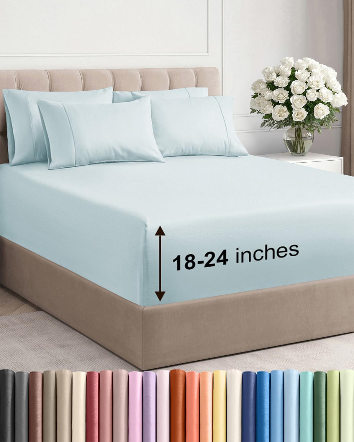 Skiennix Extra Deep King Sheet Set - 6 Piece Breathable Cooling Bedding - Soft, Wrinkle-Free Ice Blue