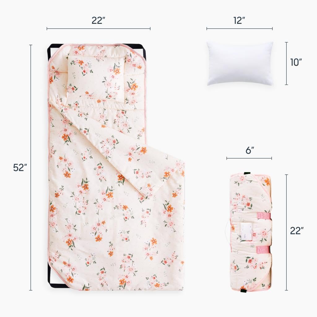 Wake In Cloud - Cot Nap Mat with Pillow and Blanket, 100% Cotton Fabric, for Toddler Kids Girls Ages 3 Plus in Daycare Kindergarten Preschool with Elastic Corner Straps, Floral Flowers, Light Pink