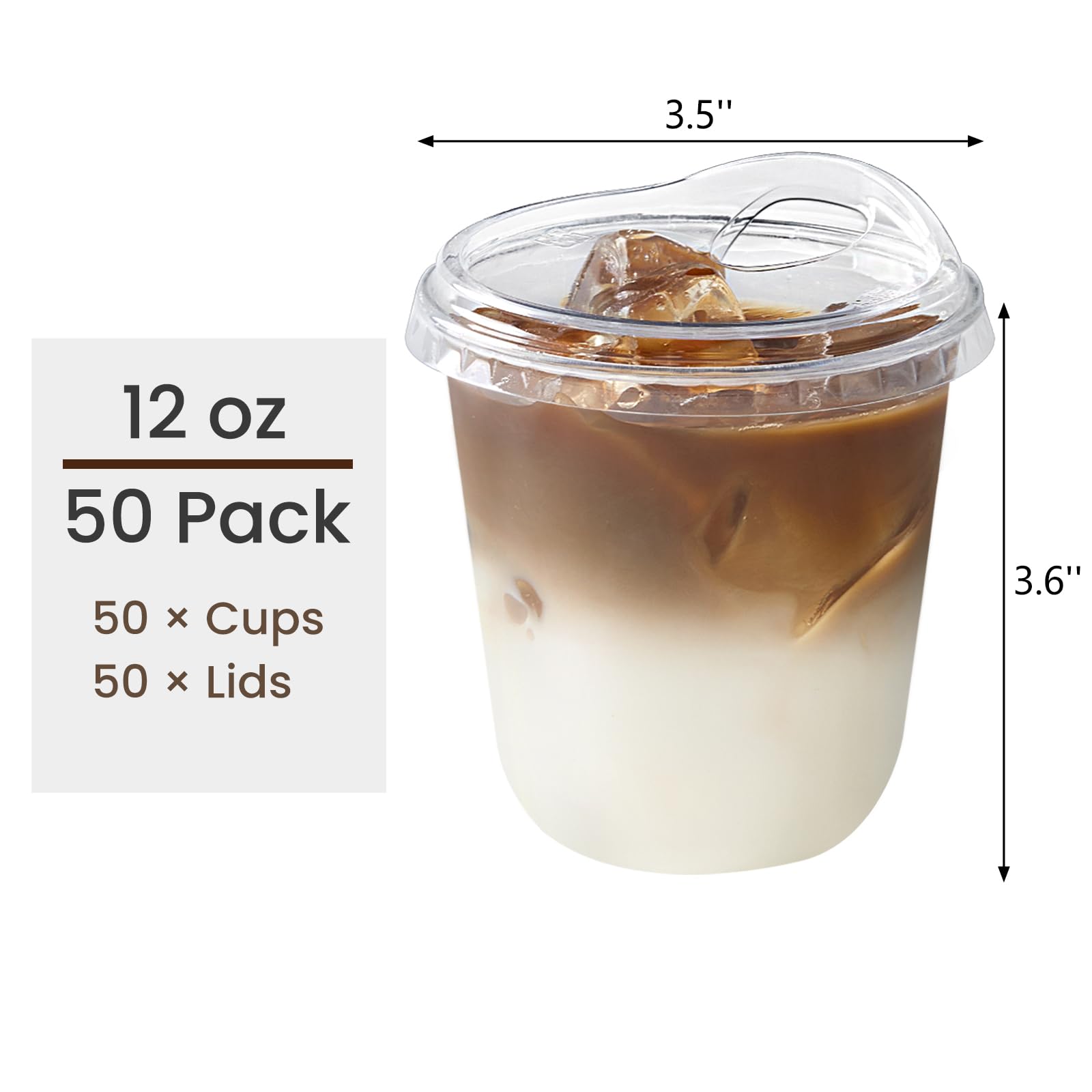 Qeirudu 12 Oz Round Bottom Clear Plastic Cups with Strawless Sip Lids, 50 Pack Disposable Iced Coffee Cups To Go Cups for Cold Drinks, Smoothie, Juice, Milkshake