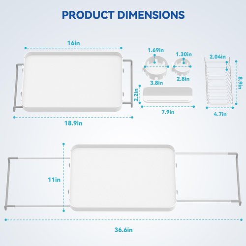 Bathtub Tray for Large Soaking Tub Table Tray Expandable Tub Shelf for Bathtub Caddy Bath Shelf Over Tub Luxury Bath Board Book Holder with Removable 2 Cup Holder Phone Metal Shower Caddy Basket White