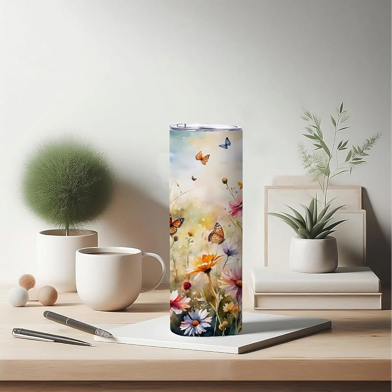20 oz Skinny Tumbler Stainless Steel Slim Insulated Travel Cup with Lid - Butterfly Variation