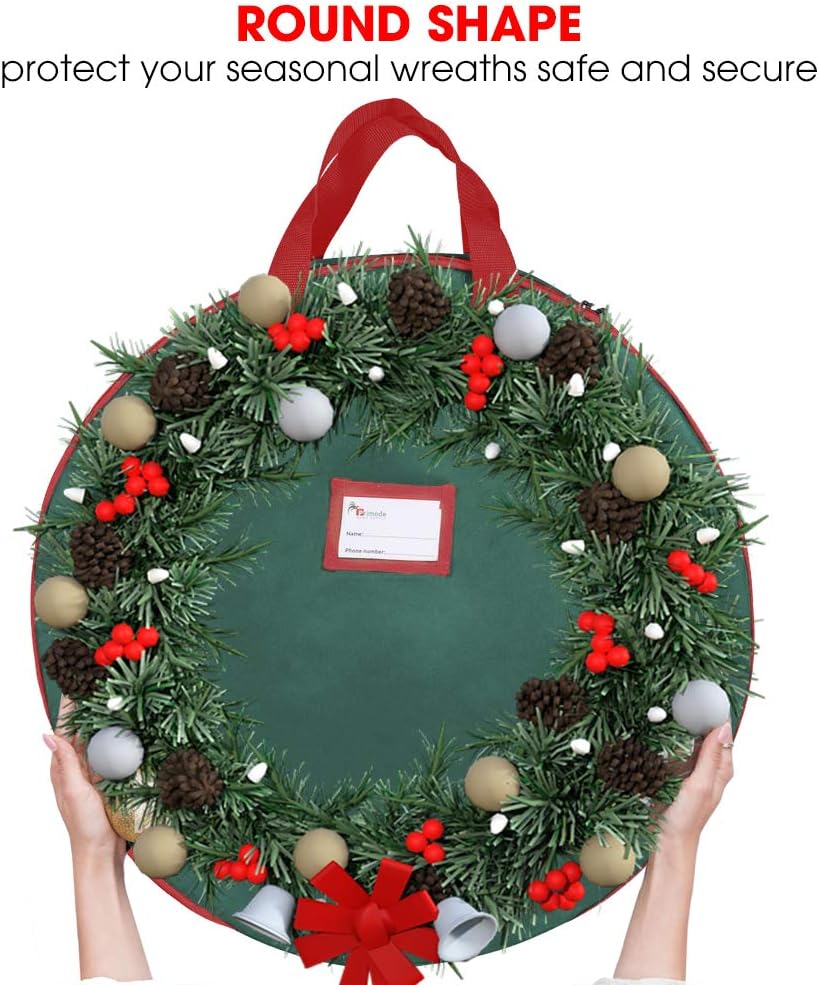 Primode Christmas Wreath Storage Bag - 36" Artificial Wreath Container - Durable Oxford with Sturdy Handles & Inner Straps - 2 Pack, Green