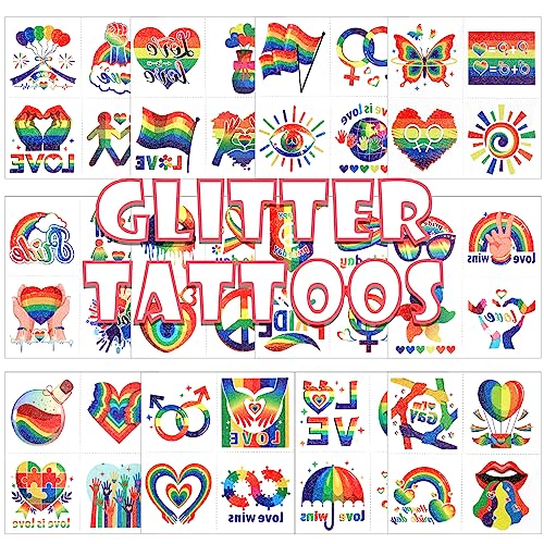Qpout 48 PCS Glitter Rainbow Temporary Tattoos Waterproof Pride Stickers
