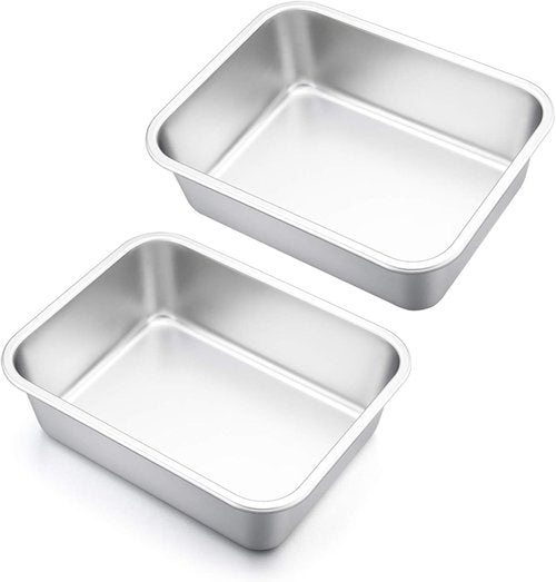 E-far Lasagna Pan Set - 2 Rectangular Deep Baking Pans | Stainless Steel, Non-Toxic, Dishwasher Safe, 10.6x8.3x3.2 Inches