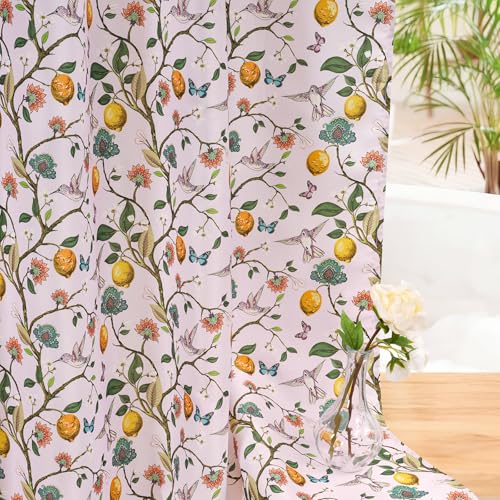 Fammio Pink Floral Hummingbird Shower Curtain, 72x72 Botanical Bath Decor