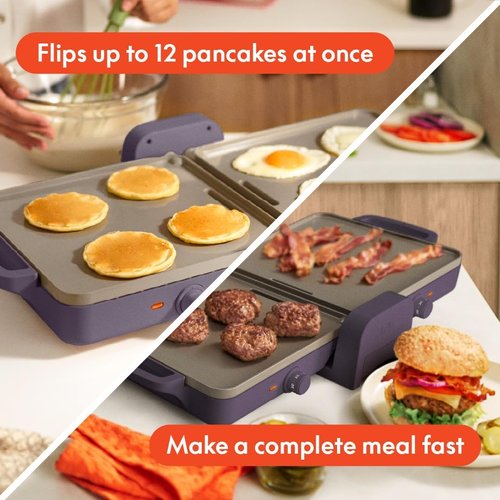 Bella 10"x20" Ceramic Fold-N-Store Griddle - Dual Temp Nonstick Kitchenware, 2 Zones Up to 400°F, Plum