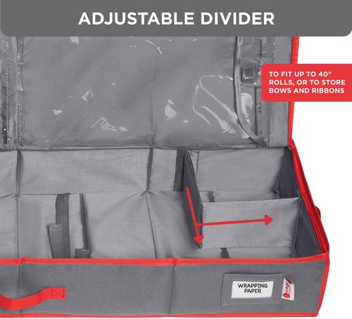 HOLDN' STORAGE Wrapping Paper Storage Container - Durable 600D Tear-Proof Design, Fits 27 Rolls, Extra Pockets for Ribbons & Bows, Underbed Storage - Ideal for Holiday Christmas, Grey/Red Trim