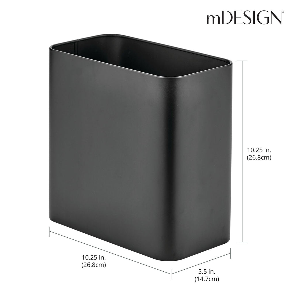 mDesign Small Metal 2.4 Gallon/9 Liter Trash Can Wastebasket Garbage Bin for Bathroom, Slim Rubbish Waste Bin Trashcans - Mirri Collection - Black