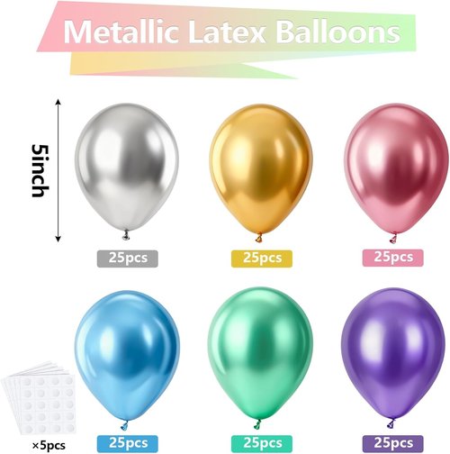 Bezente Metallic Chrome Latex Party Balloons - 150 Pack of 5-Inch Colorful Helium Balloons for Celebrations