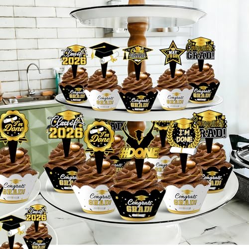2025 Graduation Cupcake Toppers & Wrappers - Black Gold Set