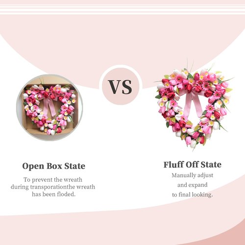 Bibelot Valentine's Day Heart Shaped Tulip Wreath, 20 Inch Pink White Tulip Floral Wreath for Front Door, Artificial Flower Heart Wreaths for Wedding Anniversary Festival Decorations