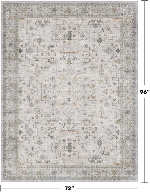 Hazo Haus Boho Light Grey Area Rug - Modern Vintage Floral Design, Washable 6x8 Non-Slip for Living Room & Dining Room