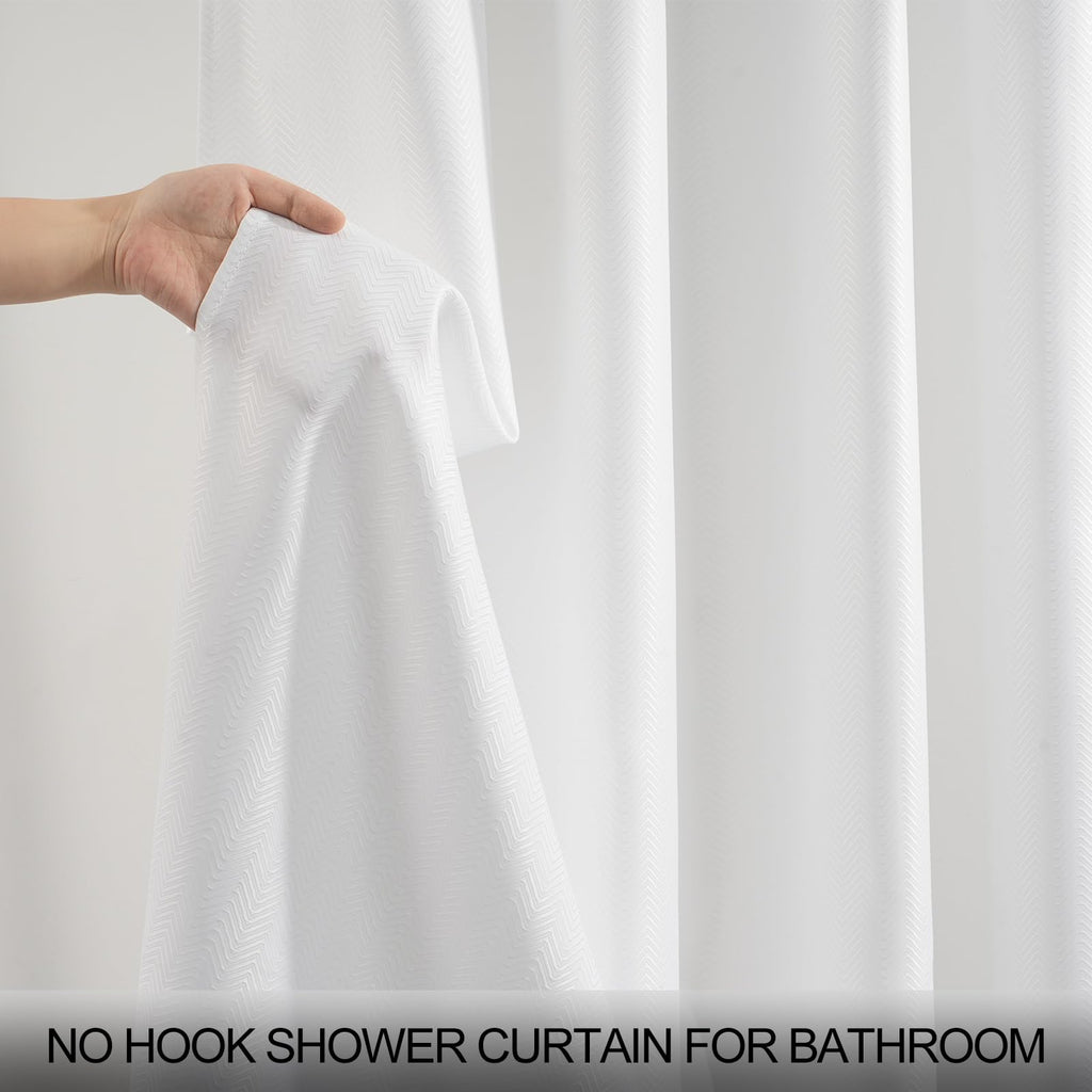 SSCRCUSLY No Hook Shower Curtain with Snap in Fabric Liner Set, White Chevron Hotel Style Bathroom Curtain, Washable and Water Repellent, 71x74 Inches