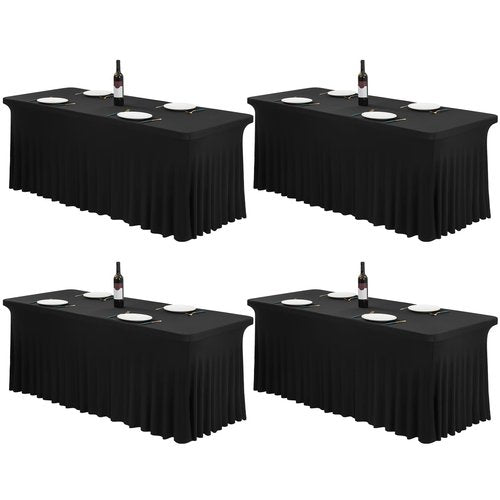 4 Pack 6Ft Spandex Table Skirts Black Stretch Tablecloth with Skirt for 6 Foot Rectangle Tables, One-Piece Wrinkle Resistant Fitted Stretchable Table Covers for Wedding Party Banquet Trade Show