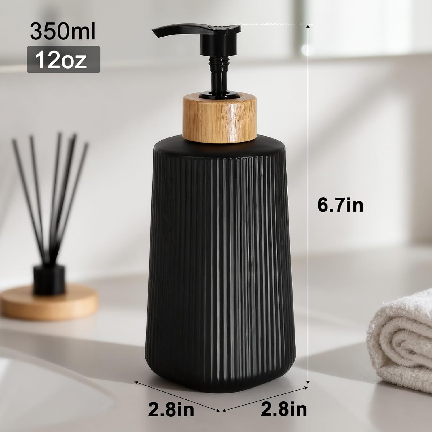 Skiennix Glass Soap Dispenser - Thickened 12oz Hand Soap Bottle for Bathroom & Kitchen | Modern Black Design