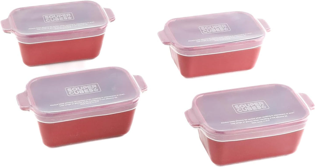 Souper Cubes Stoneware Baking Dishes - Premium Mini Ceramic 5" x 3" Set of 4 with Silicone Covers - Cranberry
