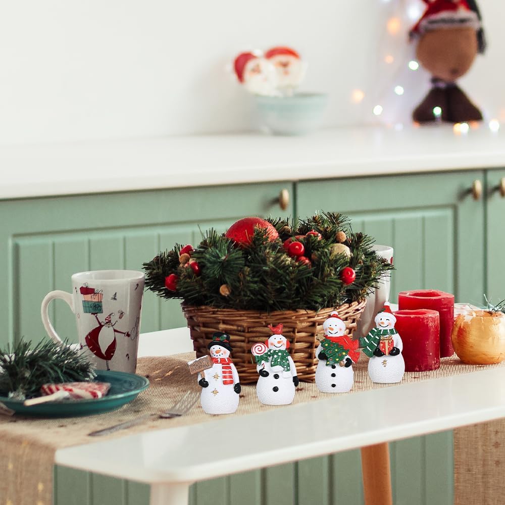 MEETYAMOR Christmas Snowman Ornaments - 4 PCS Rustic Resin Figurines for Indoor Decor | Farmhouse Style