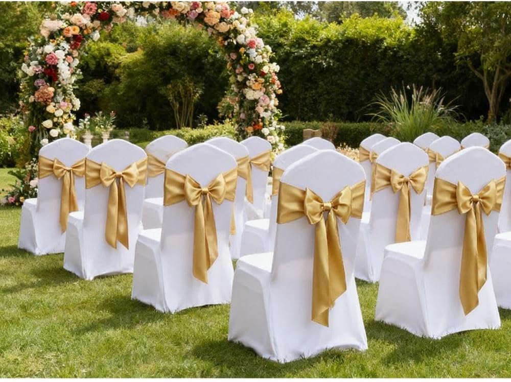 Skiennix Satin Chair Sashes Bows - 7x108 Inch Gold Ties for Weddings, Parties & Events | 50 Pack