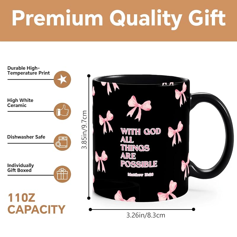 With God All Things Are Possible Christian Coffee Mug - 12oz Ceramic Mug, Black & Pink Variation