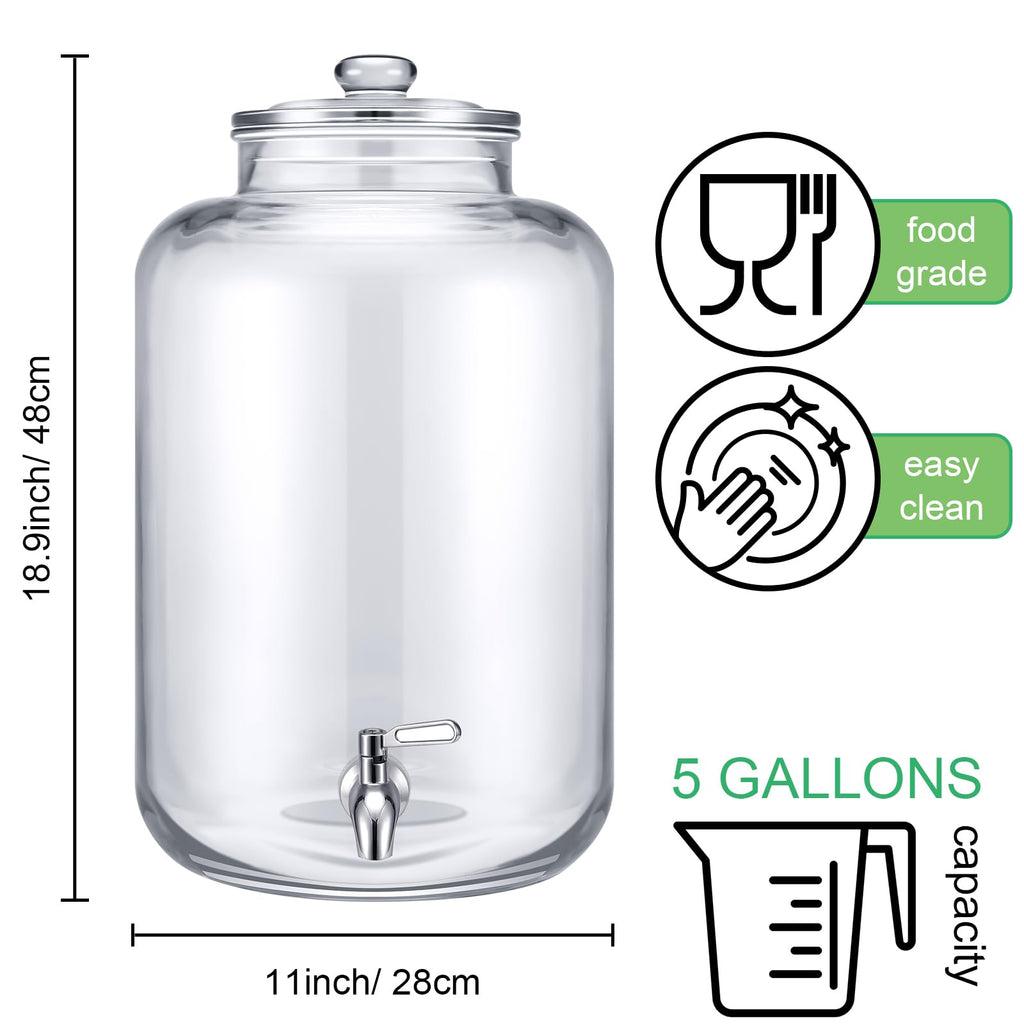 Newtay 5 Gallon Glass Water Dispenser Countertop with Glass Lid and Stainless Steel Spigot Beverage Drink Dispenser Airtight Leakproof Large Jug for Summer Outdoor Party Juice Kombucha