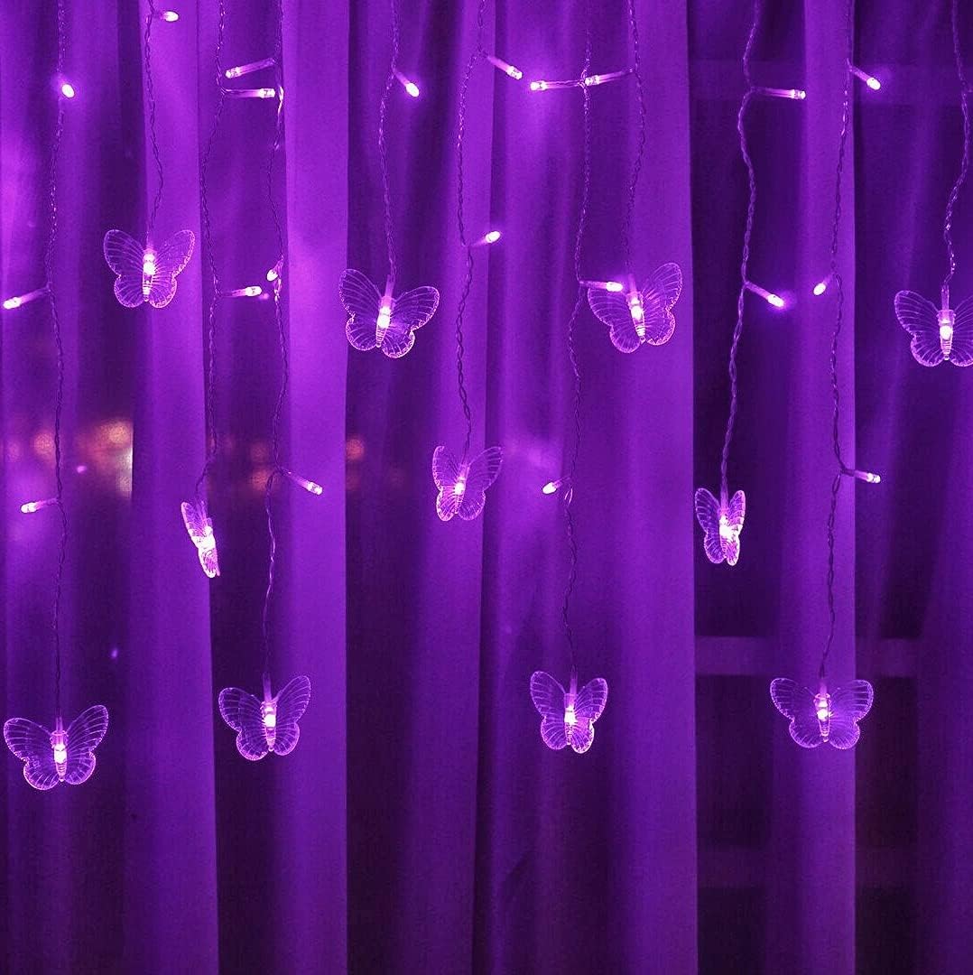 Skiennix Butterfly Curtain Fairy Lights - 96 LED Twinkle String Lights with Remote | 11.5FT Purple